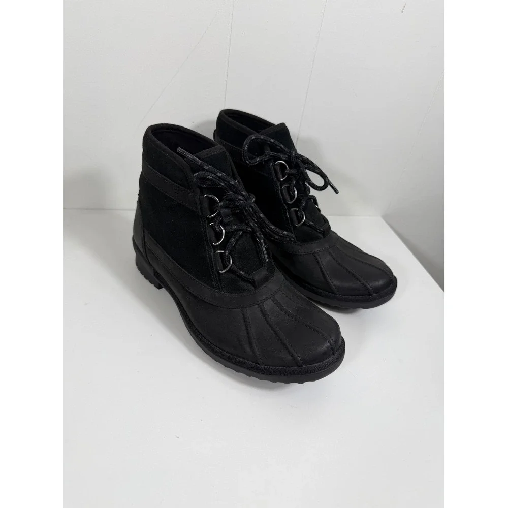 UGG Greda Black Leather Suede Lace Up Duck Boots 1112650 Womens 8.5